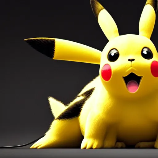 Prompt: a photo of a real - life pikachu, studio lighting, high detail, 4 k, title - shift, hyperrealism