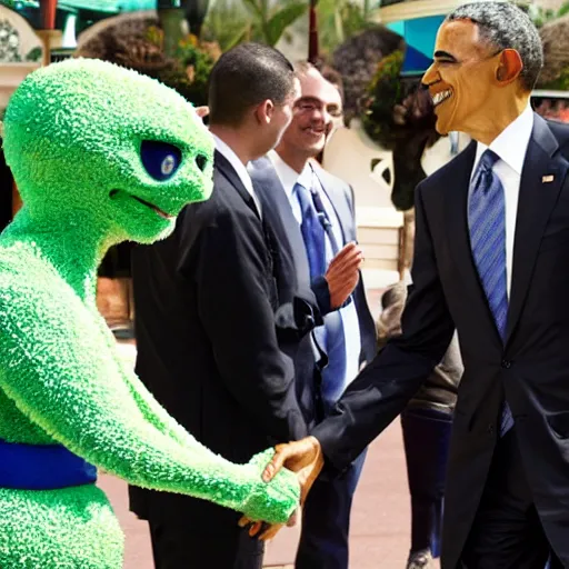 Image similar to obama shaking hands with smiling alien at disneyland