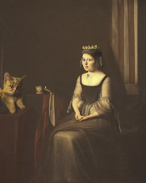 Image similar to a cat queen, in the style of the dutch masters and gregory crewdson, dark and moody