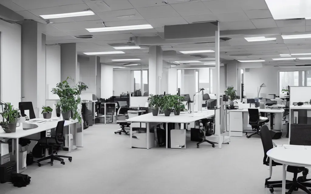 Prompt: photography of a boring desaturated office interior, a potted plant, desks and computers in the background