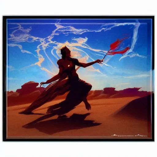 Image similar to Silk sheet desert ecstasy Bedouin under crimson azure diamond sky, in the style of Frank Frazetta, Jeff Easley, Caravaggio, extremely clear and coherent, clear lines, 8K revolution