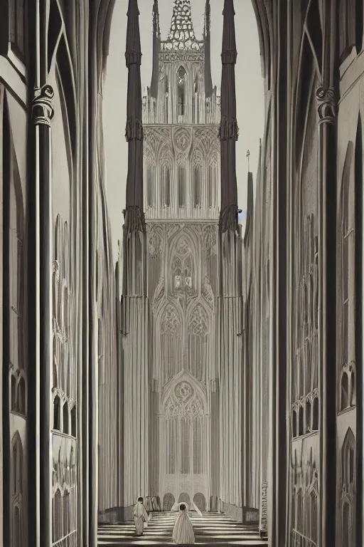 Prompt: scene from wes anderson gothic cathedral building by helen lundeberg