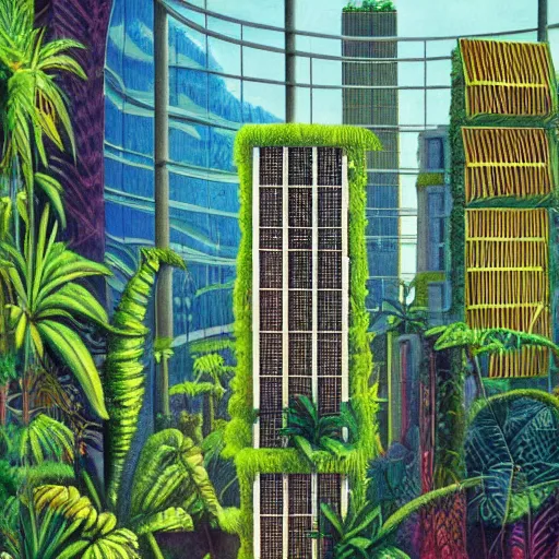 Prompt: a solar punk lush giant plants city, modern architecture by ricardo bofill, city of the jungle, by enrich, victorenrich, galactic nebula, surrealist oil painting