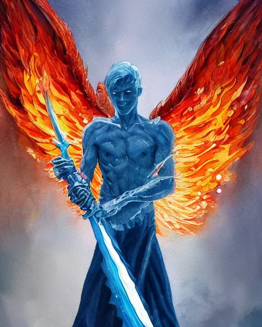 Image similar to a oil / watercolor painting full body character portrait of a fallen angel wielding a jagged firey sword made of ice in the style of moebius in the style of leonard boyarsky trending on artstation deviantart pinterest detailed photorealistic highlights and shadow hd 8 k post - processing high resolution