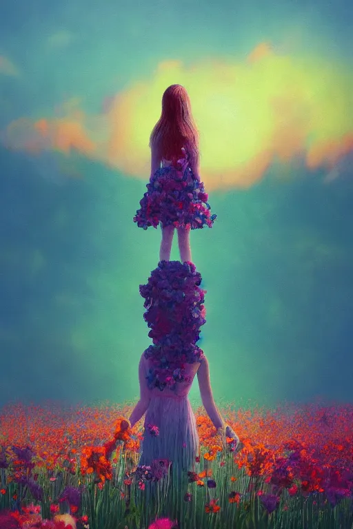 Image similar to closeup, giant flower head, girl standing in a field of flowers, surreal photography, sunrise, blue sky, dramatic light, impressionist painting, digital painting, artstation, simon stalenhag