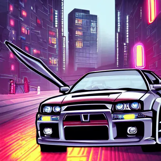 Image similar to beautiful hyper-detailed artwork of a robot ninja warrior with a sword, driving through the city, in a modified Nissan skyline r34, cyberpunk, lo-fi