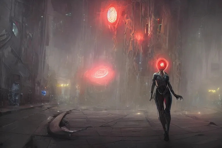 Prompt: cyborg female necromancer casting a magical spell, scifi, special effects, cinematic lighting, atmosphere, sparks, energy shield, highly detailed, futuristic street, foggy weather, masterpiece, artstation, art by eddie mendoza