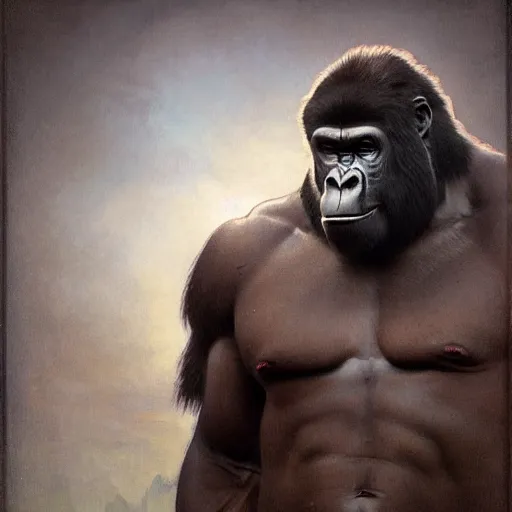 Prompt: the anatomy of a muscular gorilla, hyper realistic, 4 k, rule of thirds, extreme detail,, trending artstation, realistic lighting, by alphonse mucha, greg rutkowski, short neck