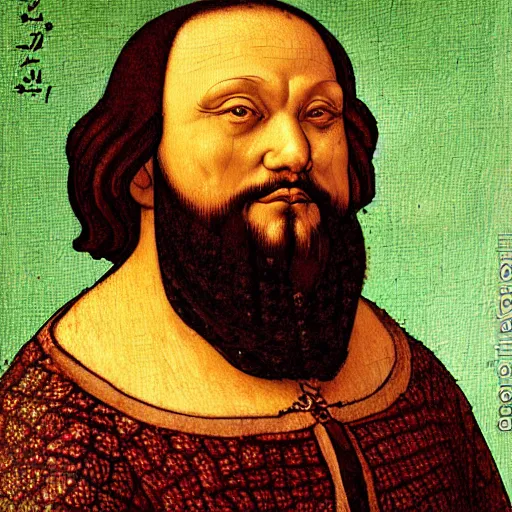 Image similar to a portrait of a fat but strong black haired king in the style of leonardo da vinci