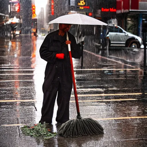 Prompt: closeup portrait of a cleaner with a giant mop in a rainy new york street, by Steve McCurry and David Lazar, natural light, detailed face, CANON Eos C300, ƒ1.8, 35mm, 8K, medium-format print