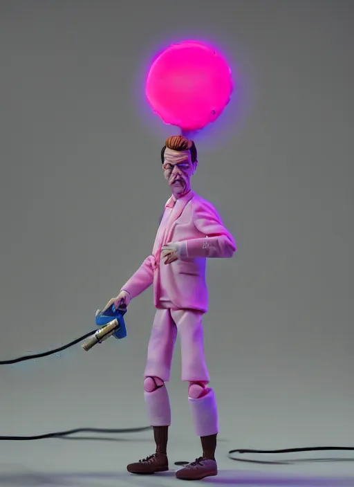 Image similar to product photography of a claymation action figure fluffy neon oled steve buscemi, depth of field, zeiss lens, detailed, centered, by erwin olaf, joop geesink, wes anderson, breathtaking, 8 k resolution, extremely detailed, beautiful, establishing shot, realistic materials, hyperrealistic