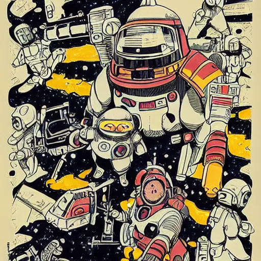 Prompt: space marines, studio ghibli, pulp science fiction illustration