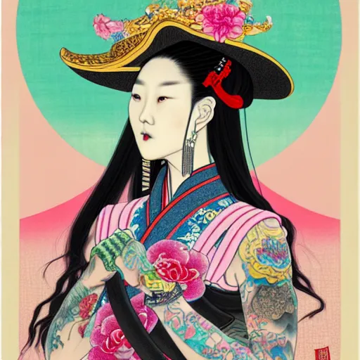 Prompt: full view, from a distance, of princess from the qing dynasty with tattoos, wearing a cowboy hat, style of yoshii chie and hikari shimoda and martine johanna, highly detailed