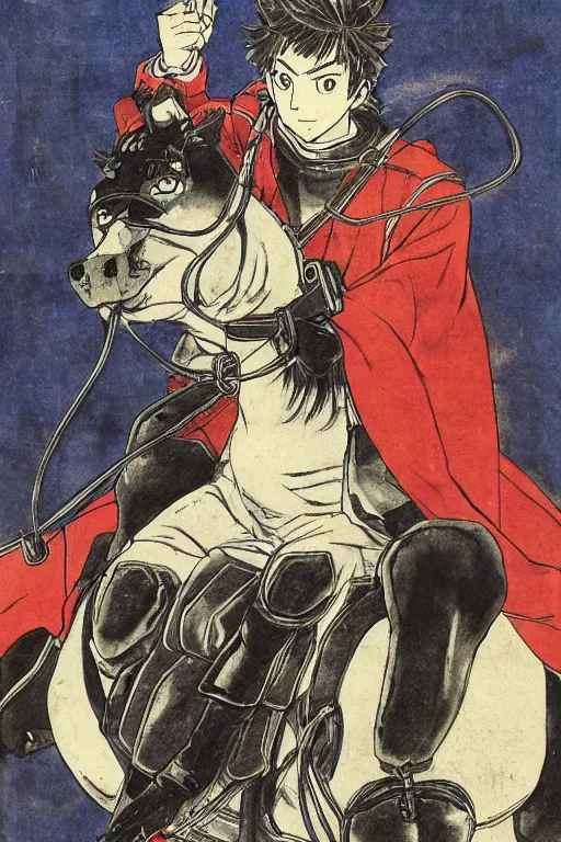 Image similar to kamen rider v 3 riding a horse, by kuniyoshi utakawa