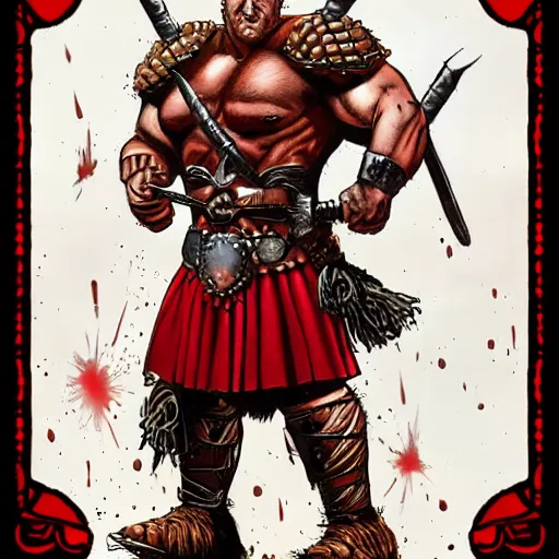 Prompt: bulky muscular scottish warrior with red hair and a kilt, tribal blood red war paintings on his chest, bronze plate armor, in the style of paul pelletier, artgerm