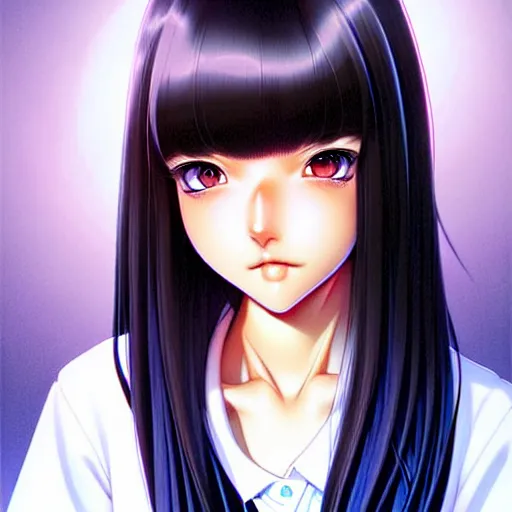Image similar to depicting an extreme close up face of a dainty young mischievous female stoner prep highschool school student with medium length silky straight iridescent black hair and lightly suntanned skin, illustrated by Artgerm and Range Murata.