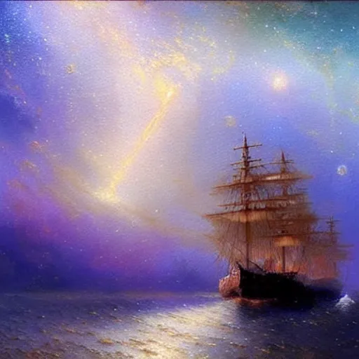 Prompt: sailing ship, cosmic nebula!!!!!!!!!!!!!, artstation, by andrea rocha, by ivan aivazovsky, by john harris, impressionism, watercolor, dramatic scenery, hdr