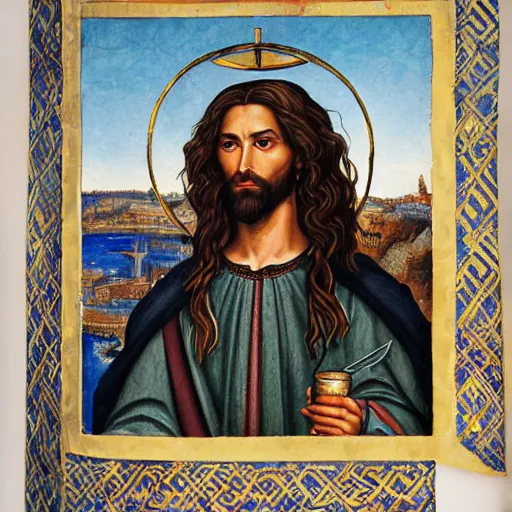 Prompt: a detailed illuminated manuscript of a ridiculously good looking hipster jesus that looks like a jewish gigachad, long curly hair, elegant ancient greek dress, very detailed, coast as the background, drinking espresso at a cafe in jerusalem, wearing a jean jacket and a beenie, waxed beard, very detailed, beautiful, intricate, art by greg rutkowski and rembrandt, octane render