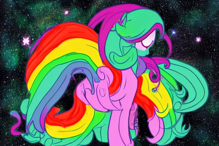 Image similar to Cthulhu-style rainbow pony in the universe