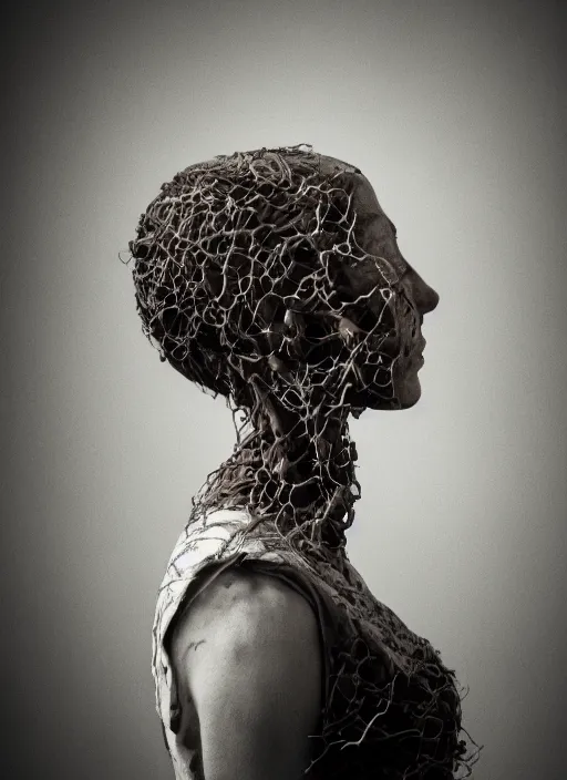 Image similar to a woman's face in profile, made of vines skeleton, in the style of the Dutch masters and Gregory Crewdson, dark and moody