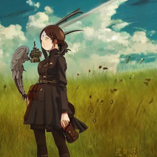 Prompt: girl with a steampunk uniform and weapons and metal wings, serious, extremely detailed, made by wlop and studio ghibli, cinematic lighting, full body portrait, illustration, grass, sunny, clouds, sky, anime, side view, smug face,