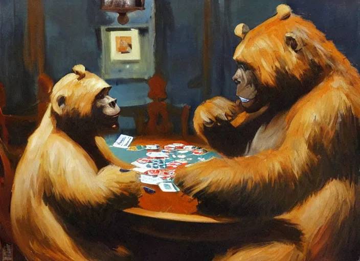 Image similar to one gorrila, one bear!!, playing poker, highly detailed beautiful, by gregory manchess, james gurney, james jean