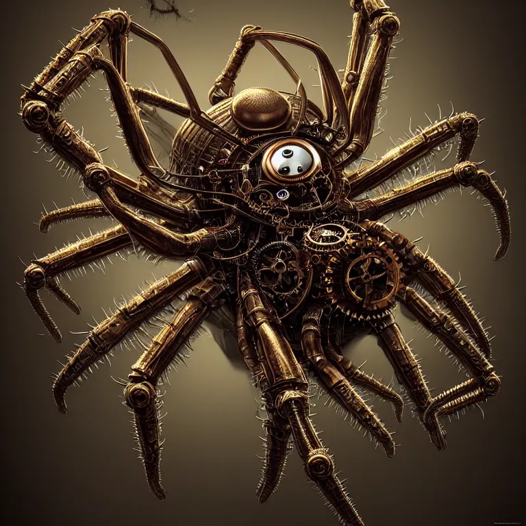 Image similar to steampunk spider, biomechanical, very coherent symmetrical artwork, cinematic, 3 d model, unreal engine realistic render, 8 k, micro detail, intricate, elegant, highly detailed, centered, digital painting, artstation, smooth, sharp focus, illustration, artgerm, tomasz alen kopera, by wlop