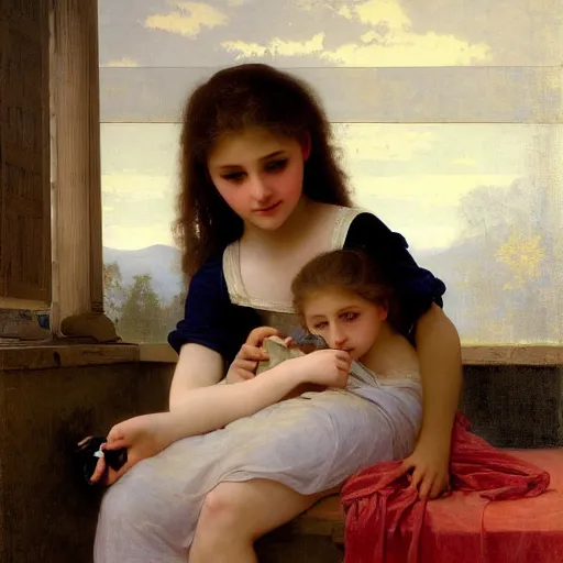 Image similar to Painting of young girl. Playing Xbox. Art by William Adolphe Bouguereau. Extremely detailed. 4K. Award winning.