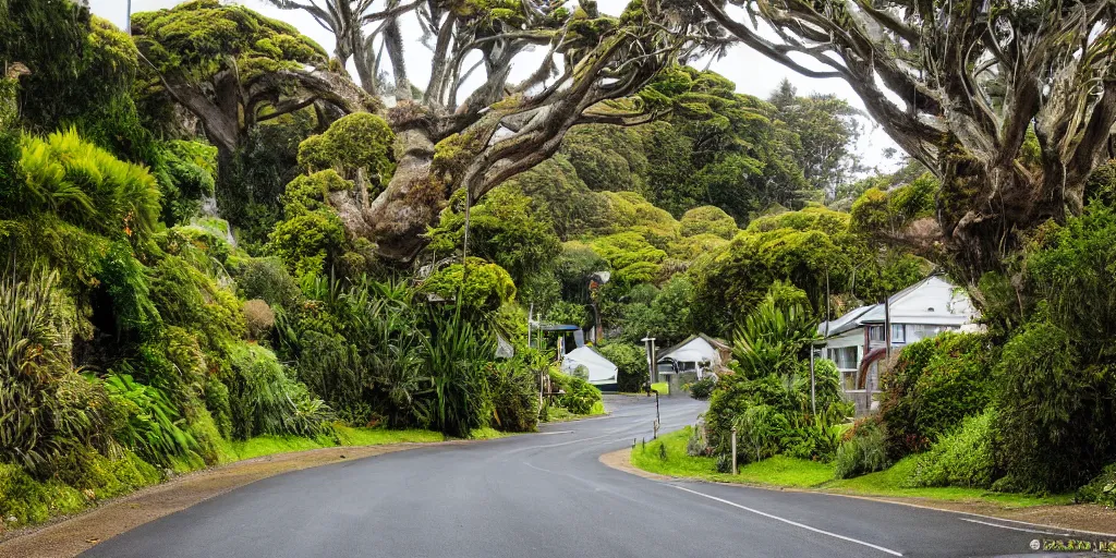 Prompt: photo of a suburban street in wellington, new zealand. quaint cottages interspersed with an ancient remnant lowland podocarp broadleaf forest full of enormous trees with astelia epiphytes and vines. rimu, kahikatea, cabbage trees, manuka, tawa trees, rata. rainy windy day.
