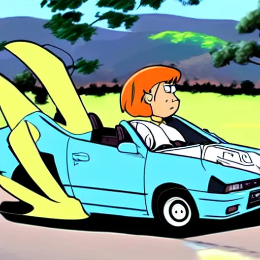 Prompt: scooby doo professionally drifting a nissan pulsar through windy roads in the hills, drawn anime style