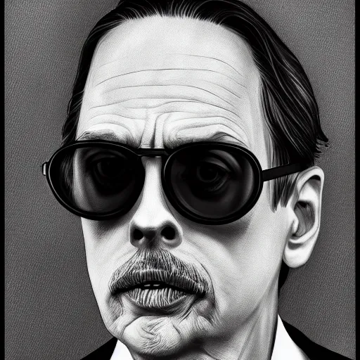 Image similar to 8 5 mm f 1. 8 photograph of steve buscemi wearing shutter shades, highly detailed, digital painting, artstation, smooth, sharp foccus, commercial photography, fashion shoot