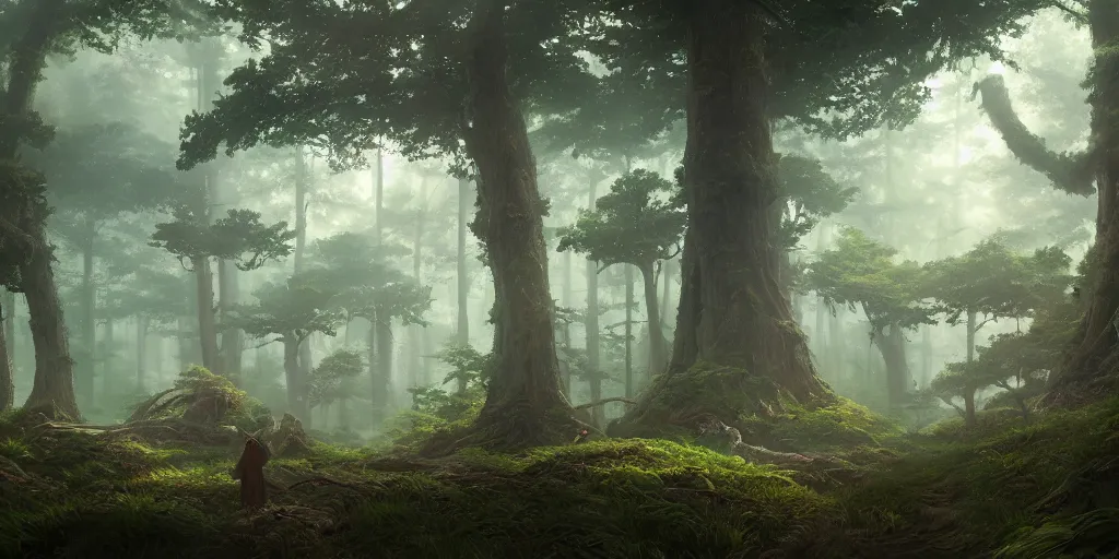 Image similar to a forest, highly detailed oil painting, hyperrealistic, cinematic lighting, Studio Ghibli, Jessica Rossier, digital art, octane render, epic composition, trending on artstation, masterpiece