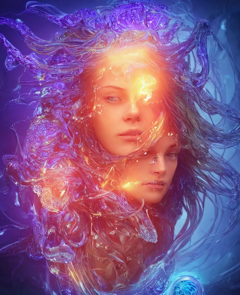 Image similar to close-up macro portrait of the face of a beautiful princess, epic angle and pose, symmetrical artwork, 3d with depth of field, blurred background, cybernetic jellyfish female face skull phoenix bird, translucent, nautilus, energy flows of water and fire. a highly detailed epic cinematic concept art CG render. made in Maya, Blender and Photoshop, octane render, excellent composition, cinematic dystopian brutalist atmosphere, dynamic dramatic cinematic lighting, aesthetic, very inspirational, arthouse. y Greg Rutkowski, Ilya Kuvshinov, WLOP, Stanley Artgerm Lau, Ruan Jia and Fenghua Zhong