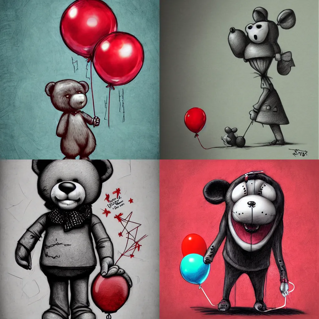 Prompt: surrealism grunge cartoon sketch of a teddy bear with a wide smile holding a red balloon by - michael karcz, loony toons style, horror theme, detailed, elegant, intricate