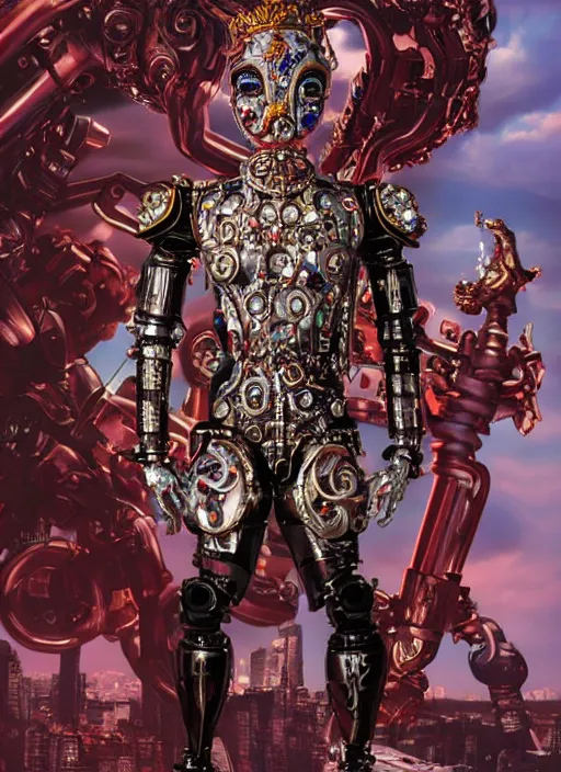 Prompt: baroque and cyberpunk style full-body sculpture of a young angry Latino prince half android with a chest exposing a glowing sapphire battery, porcelain arms posed like a bored model, red laser eyes, crown of silver gears and giant diamonds, swirling red-colored silk fabric, robot dinosaurs. geometric elements. reflective surfaces. intricate artwork by caravaggio. art by Artgerm and Alphonse Mucha, Trending on artstation, industrial lighting, photorealistic, octane render, 8k, depth of field, 3D