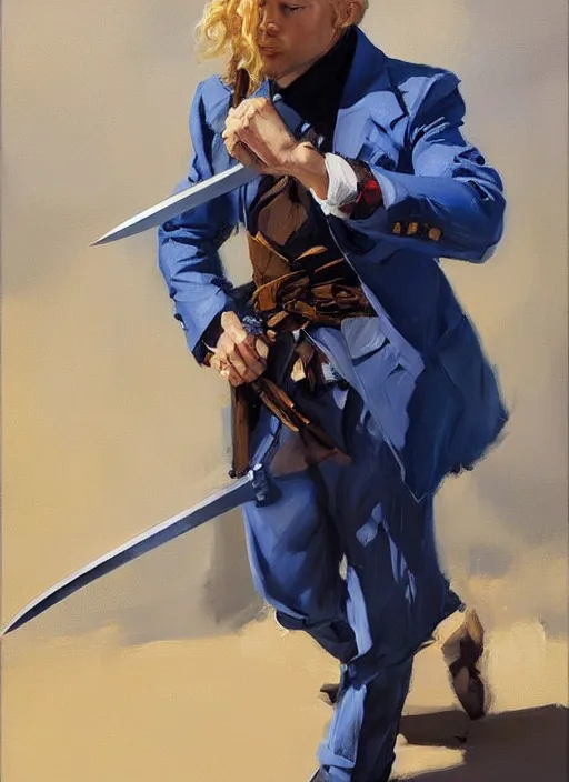 Image similar to greg manchess portrait painting of a blond man in a blue suit with a sword and a pistol, asymmetrical, profile picture, organic painting, sunny day, matte painting, bold shapes, hard edges, street art, trending on artstation, by huang guangjian, gil elvgren, ruan jia, randy vargas, greg rutkowski