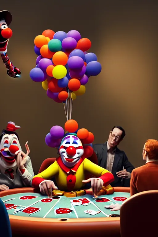 Image similar to pixar clown sitting at a poker table with serious people, clown is screaming, angry | glamorous oily soft polished rich ornate modern | weta disney pixar movie still photo | hi - fructose, sci fi fantasy, smooth, octane render, sharp focus, artstation, concept art | artgerm, mucha, rutkowski, feng zhu, wlop, loish