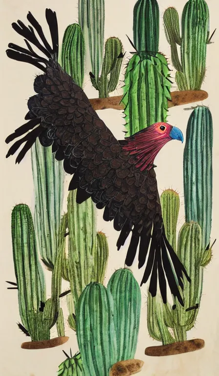 Prompt: big turkey vulture sitting on cactus by Shen Quan, hanging scroll, ink and colours on silk