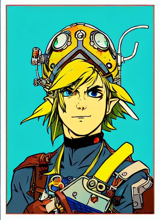 Image similar to solar punk link from zelda!! solar cyborg portrait illustration, pop art, splash painting, art by geof darrow, ashley wood, alphonse mucha, makoto shinkai