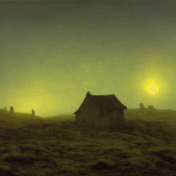 Prompt: painting of a cabin in the moorland by caspar david friedrich, at night, eerie, supernatural