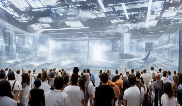 Prompt: crowd of people in simple white museum, looking at hologram of dense futuristic city on a table, cinematic concept art, godrays, golden hour, natural sunlight, 4 k, clear details, tabletop model buildings, center model buildings, hologram center, crane shot, crane shot, crane shot, white walls