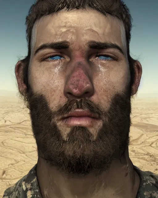 Image similar to portrait of muscular, tired and alcoholic 3 0 - year - old grieving man with short darkblonde hair, serious sad look in his eyes, looking down, dirty beard, blue eyes, crying tears, wearing dirty soldier uniform, on the desert, sad atmosphere, hyper realistic face, character art, art by mark brooks, cryengine, trending on artstation, digital art