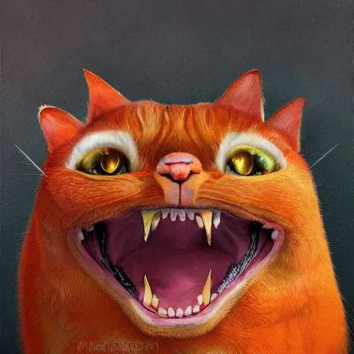 Image similar to orange cat with vampire fangs in the museum, cuddly fur, highly detailed, sharp focus, digital painting, artwork by Victor Adame Minguez + Yuumei + Tom Lovell + Sandro Botticelli