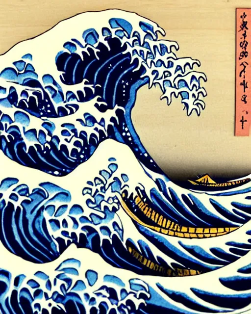 Image similar to an award winning Wood engraving on paper of The Great Wave off Kanagawa