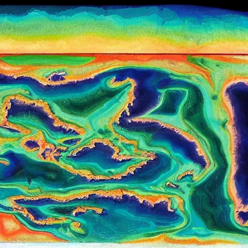 Prompt: expressionist rendering, this is a land on an unforgiving world of churning oceans and jagged coastlines. every habitable island is situated somewhere along the planet's equator where the weather is still volatile but more hospitable than any points to the north or south