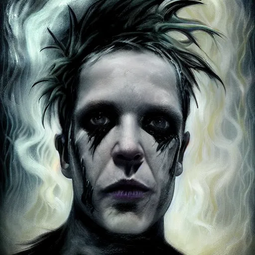 Image similar to stunning portrait of gaunt olli wisdom a ( the cure fan ) as dream from sandman, dim stars as eyes, by jeremy mann, by cedric peyravernay, by by russ mills, by richard avedon and ben templesmith, dramatic lightning, sadness, dark eye sockets, in the shadows, punk rock, gothic, high detailed, 8 k