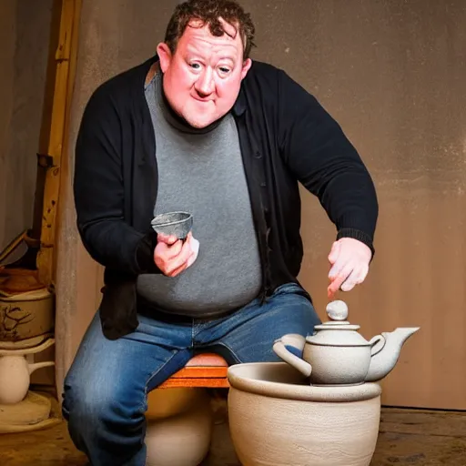 Prompt: johnny vegas making a very very big teapot out of wet clay, on a pottery wheel, art school, artist, studio, performance, photorealistic