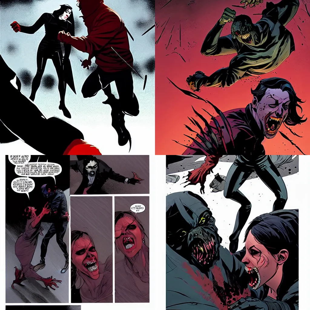 Prompt: Rafael Albuquerque comic art, Joshua Middleton comic art:: action shot of scary vampires red eyes attacking and eating people, open mouths sharp teeth, long sharp fingers long nails:: snow, overhead shot downward angle, people screaming and running, small town:: horror, grotesque, fighting aggression, battle::