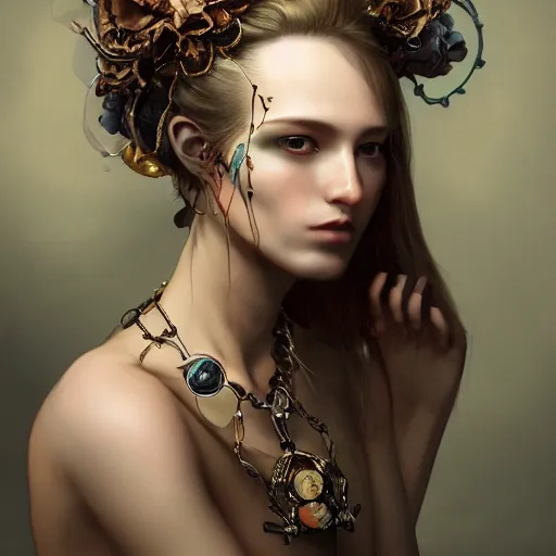 Prompt: A masterpiece portrait of a Incredibly beautiful futuristic high fashion queer model girl with A large luxurious Victorian amber skull necklace. Rococo silk and lace dress. trending on artstation, digital art, by Stanley Artgerm Lau, WLOP, Rossdraws, James Jean, Andrei Riabovitchev, Marc Simonetti, Yoshitaka Amano