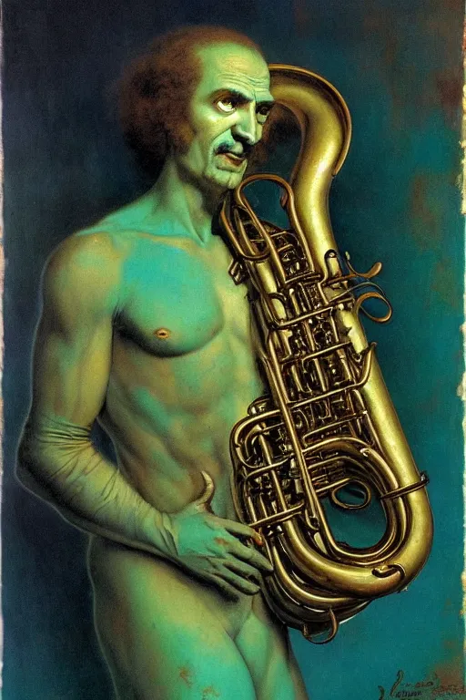 Image similar to tuba player, turquoise background in the style of wayne barlowe, gustav moreau, goward, bussiere, roberto ferri, santiago caruso, luis ricardo falero, austin osman spare